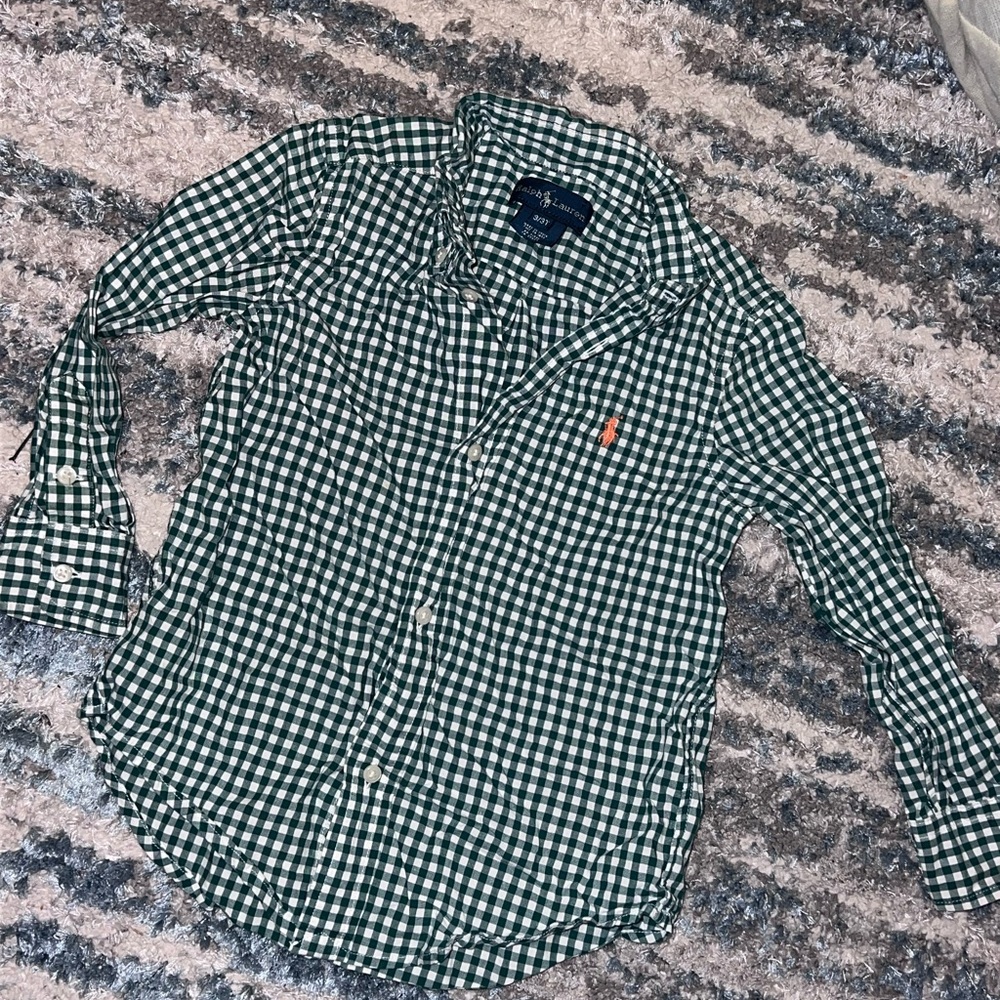 Polo Ralph Lauren boys size 3t Green& White Checkered long sleeve collared shirt